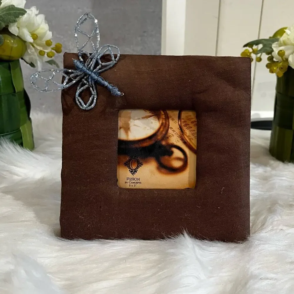 NEW Fusion Pier One Silk Dragonfly 3x3 Square Picture Frame Set Chocolate Gold